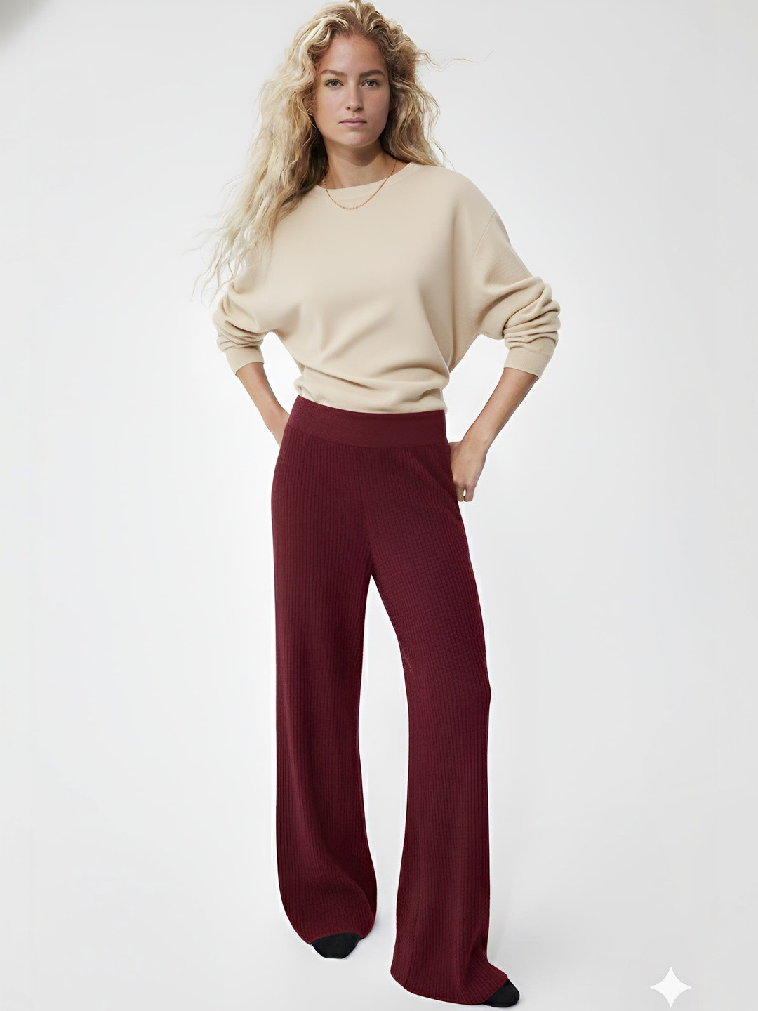 SZN Women Ribbed Relaxed Fit Wide Leg Lounge Pants
