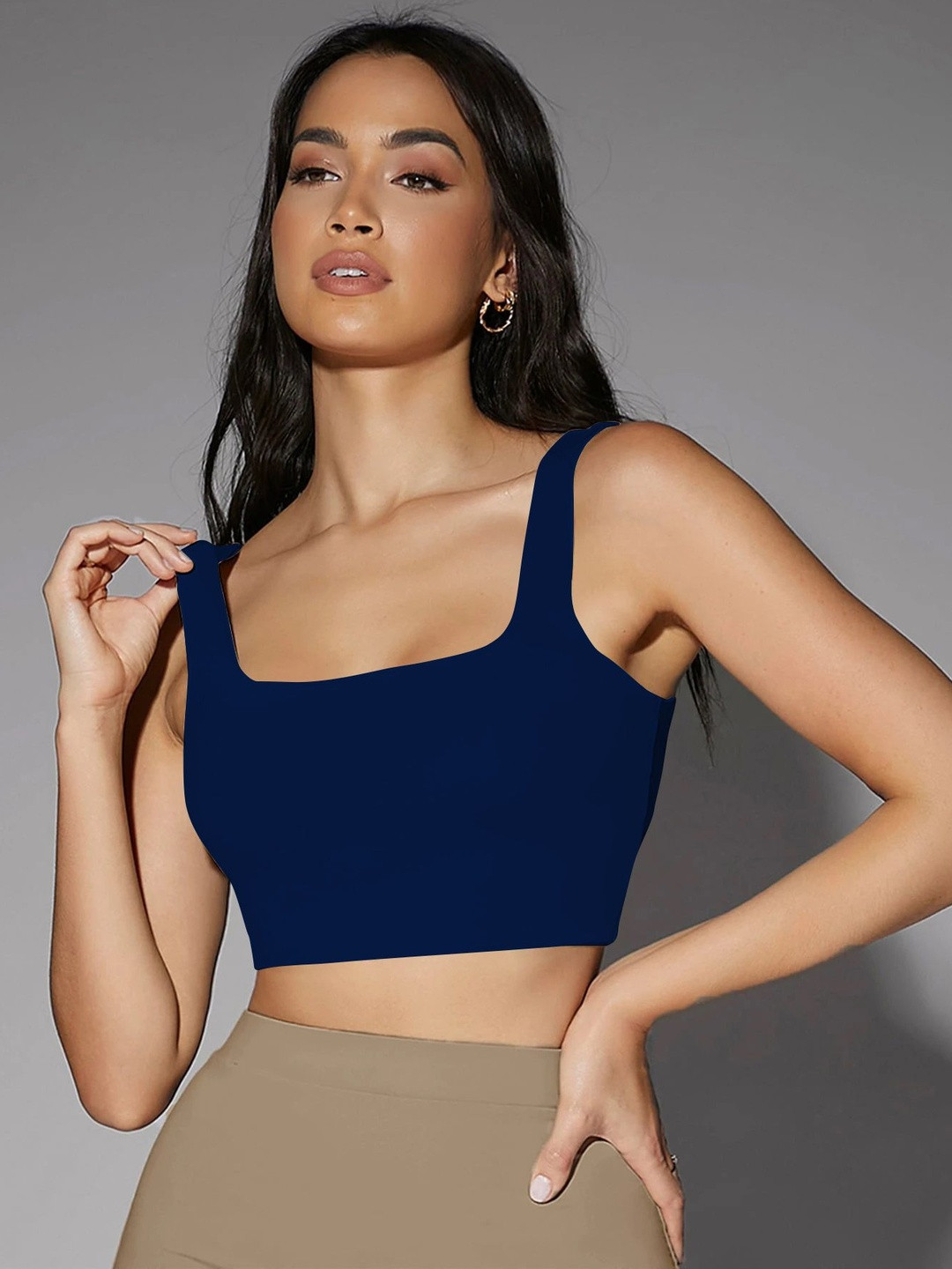 Women Solid Ribbed Scoop Neck Sleeveless Crop Top