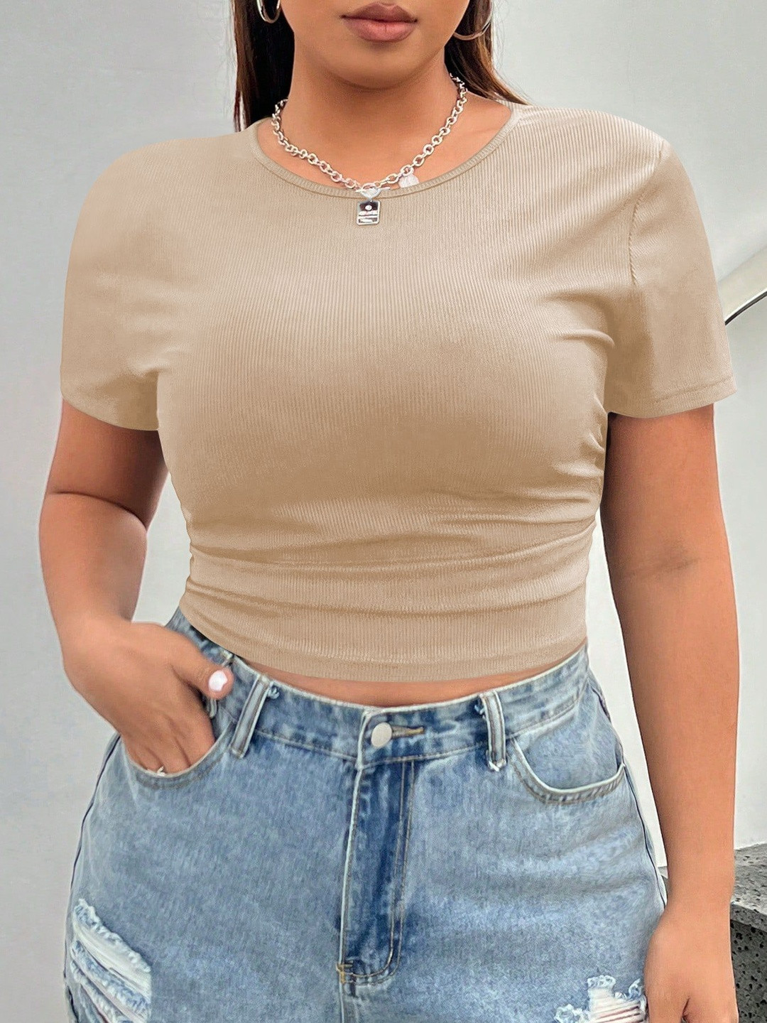 KERI PERRY Versatile Round Neck solid Lycra Crop Top