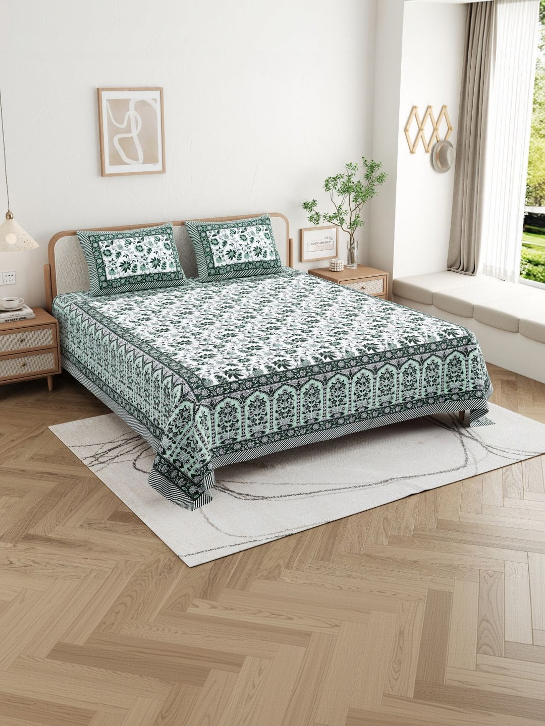 CLOTHOLOGY Teal Green Mughal Motif Jharokha Cotton Double Flat 180 TC Jaipuri Prints Bedsheet Set