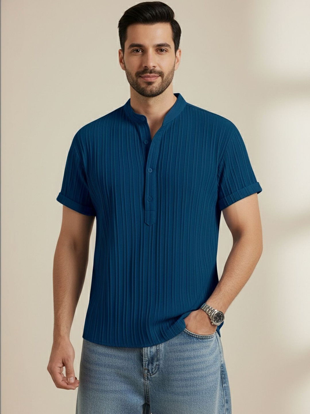 Teal Textured Regular Fit Casual Shirt