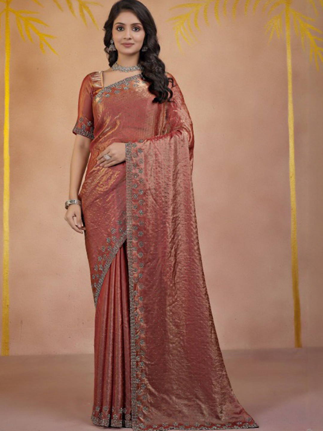 LDF studio Embellished Beads and Stones Satin Heavy Work Saree