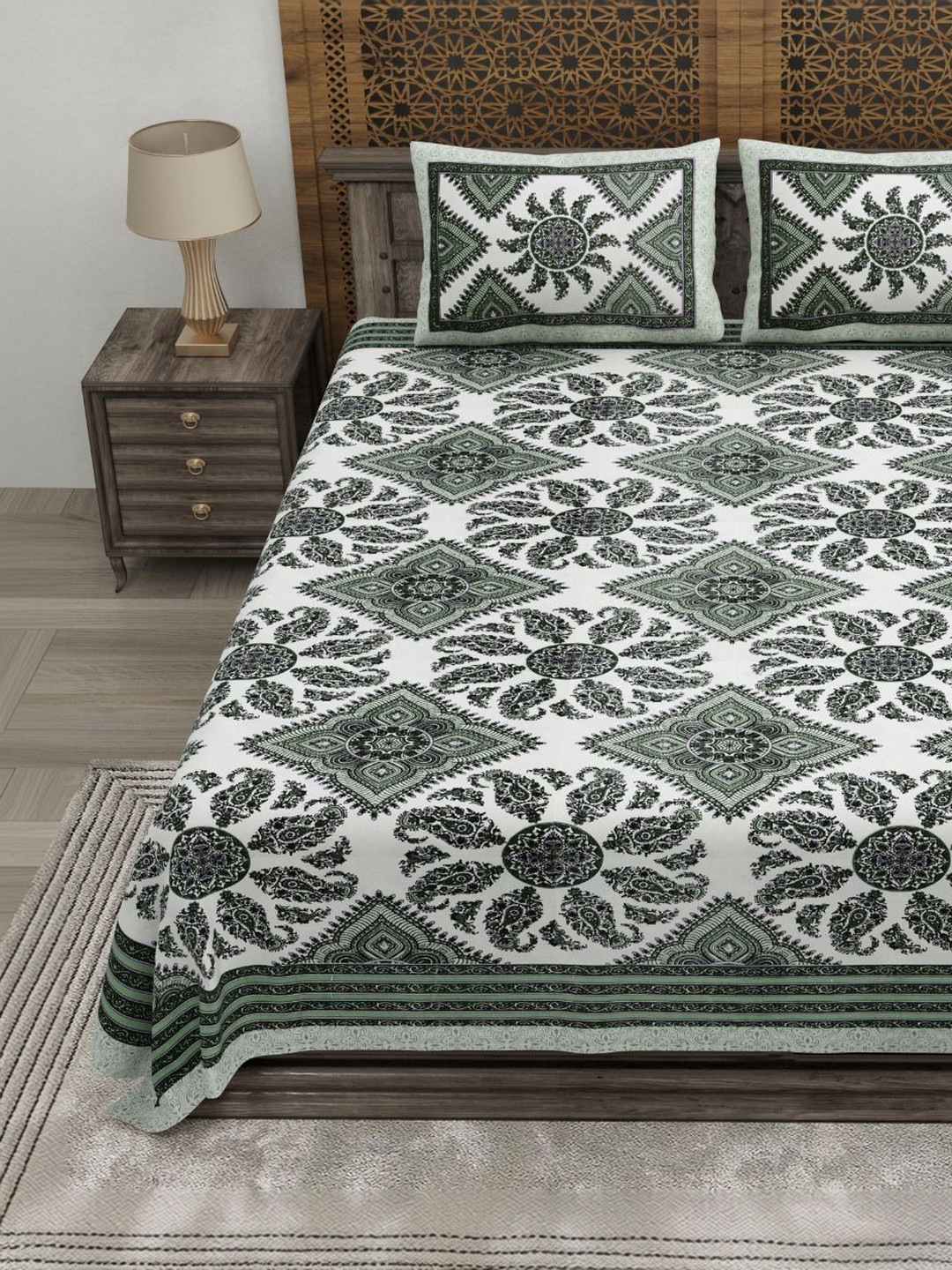 CLOTHOLOGY Forest Olive Medallion The Viraasat Collection Cotton Double Flat 180 TC Jaipuri Prints Bedsheet Set