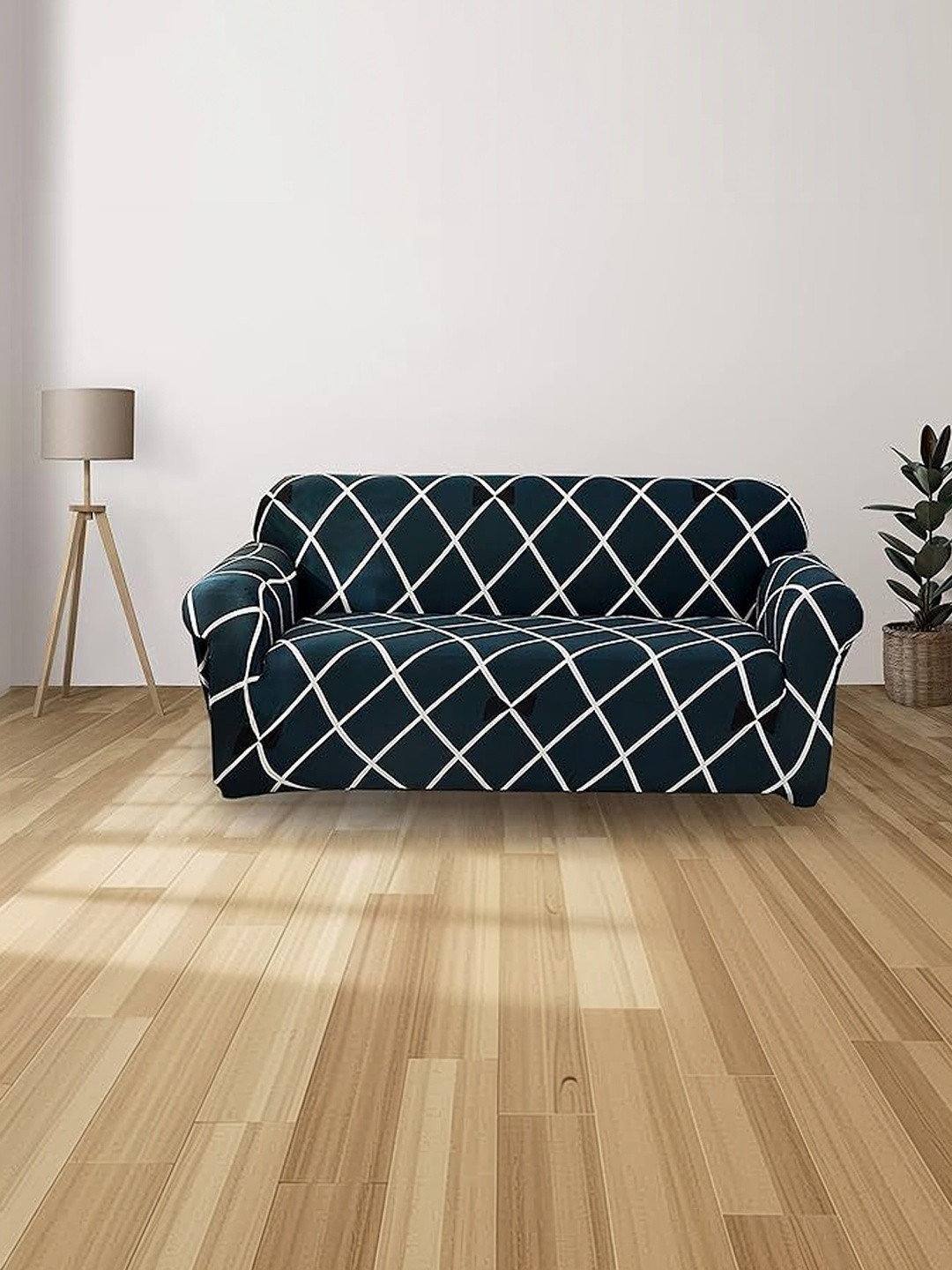 Furshine Blue & Navy Blue Printed Polyester 1 Piece Sofa Cover With Arms