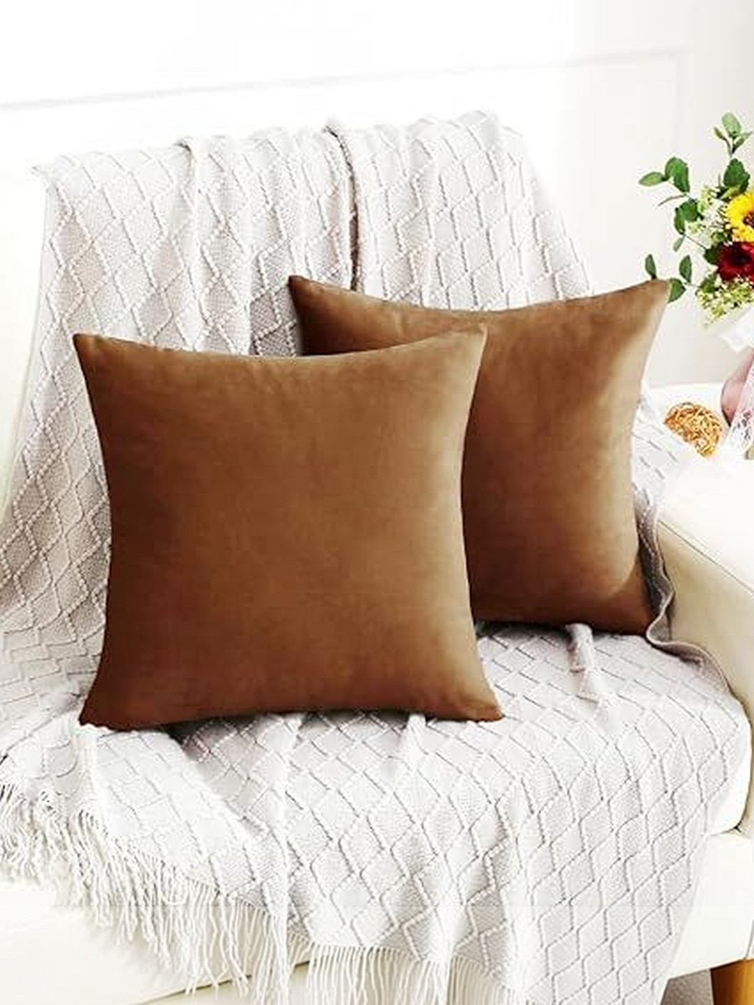 KNOTTING HOME Brown Set of 2 Velvet Square Cushion Covers