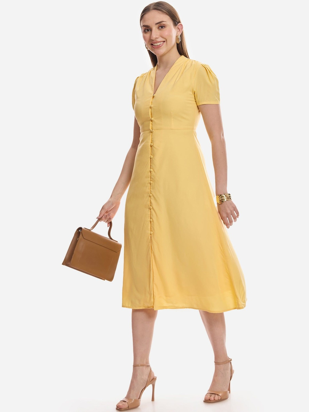 Virgio Women Solid Cotton Short Sleeves V-Neck Gathered Dress
