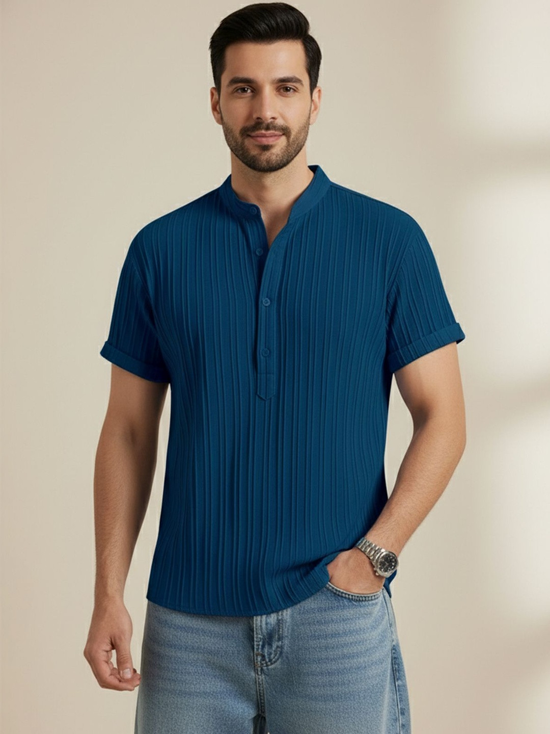 WEBRIC Men Striped Patchwork Kurta
