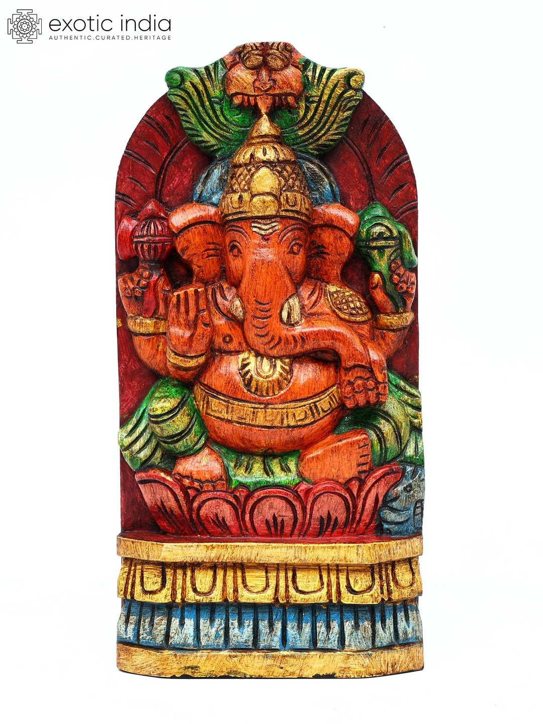 Exotic India Red & Green Textured Blessing Lord Ganesha Wooden Wall Hangings