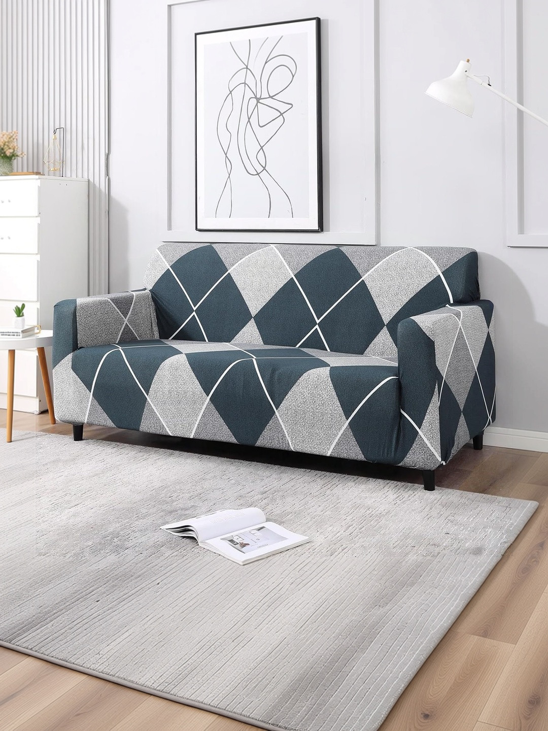 Furshine Blue & Navy Blue Printed Polyester 1 Piece Sofa Cover With Arms
