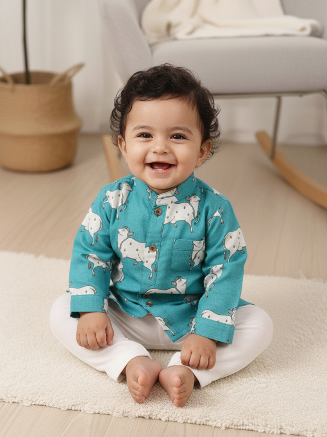 Sangria Boys Cow Printed Pure Cotton Mandarin Collar Straight Kurta & Pyjamas