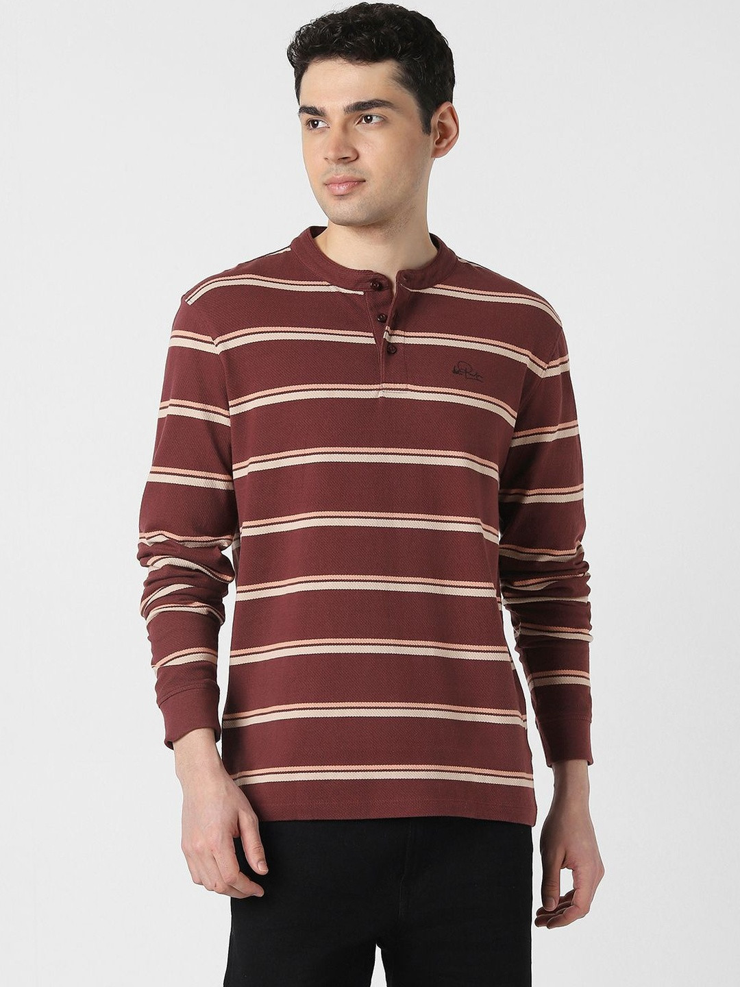 Peter England Casuals Men Striped Henley Neck T-shirt