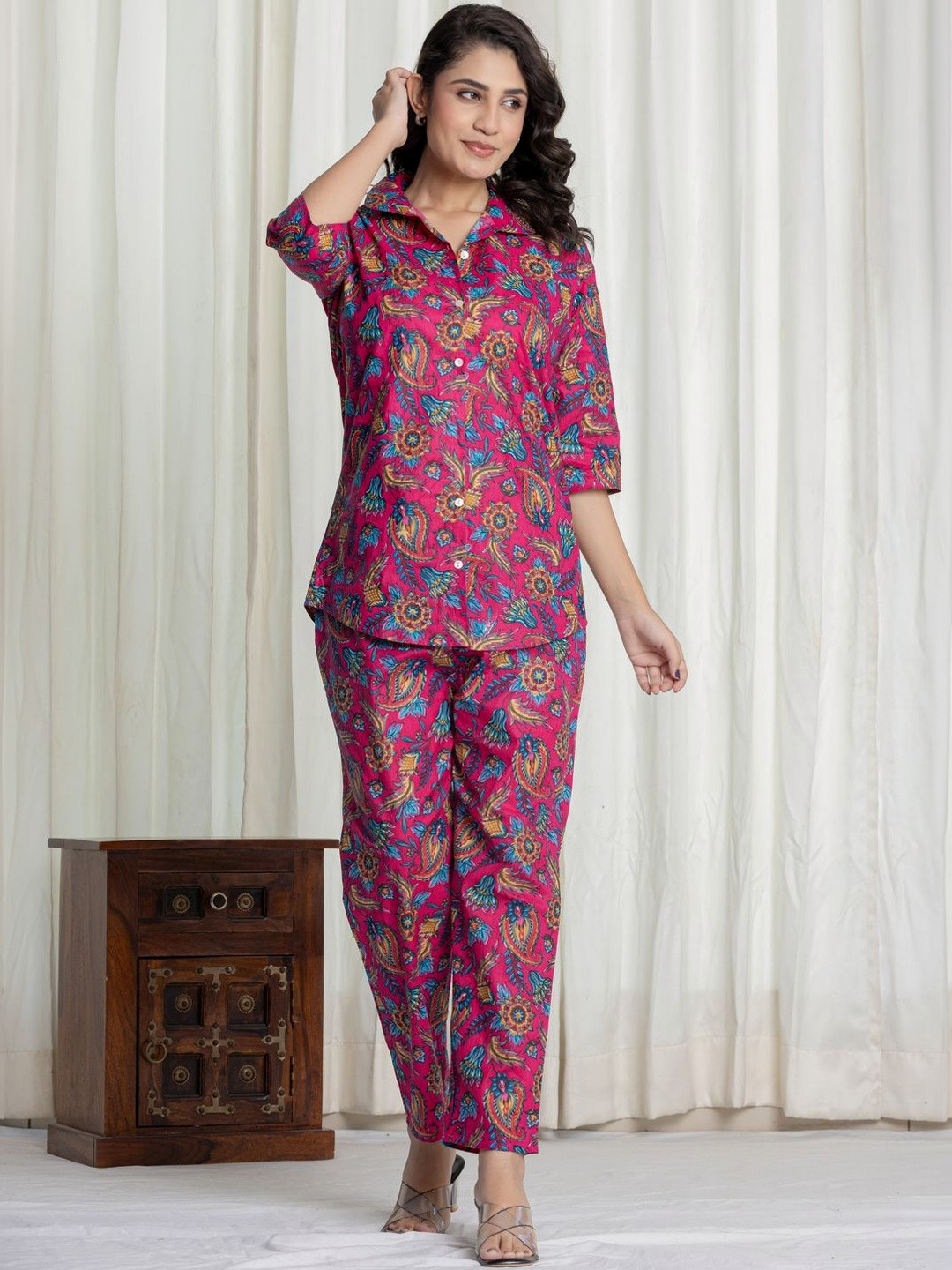 Hustle Bustle Printed Cotton Shirt Collar Shirt & Trousers Co-Ords