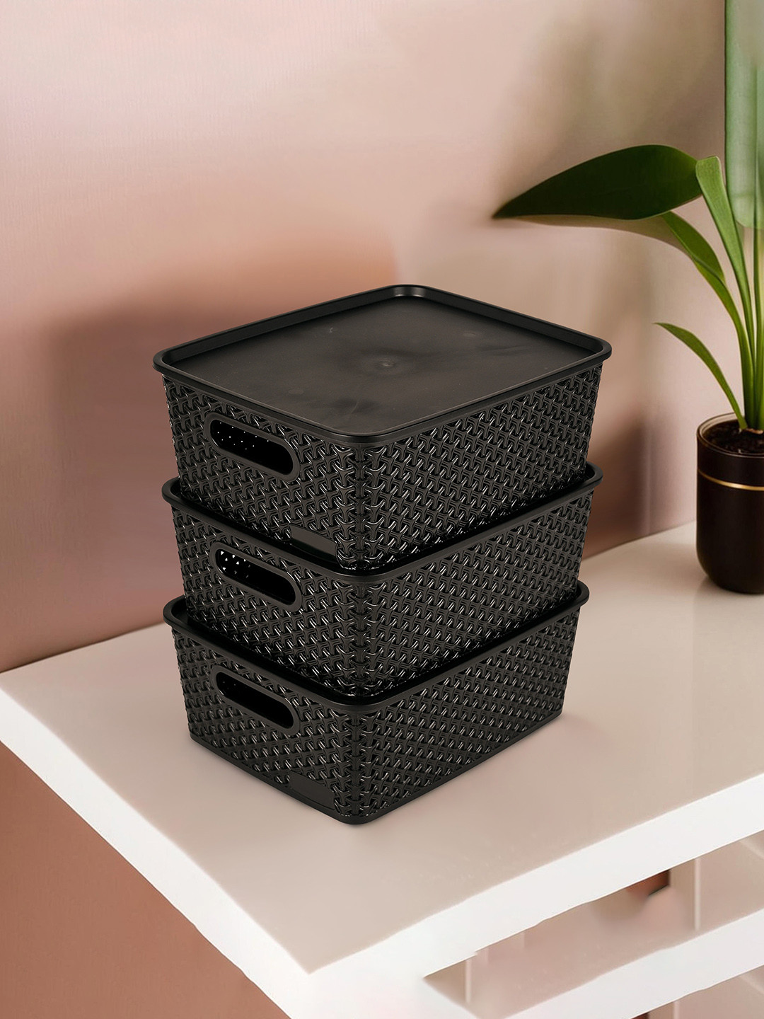 Kuber Industries Black 3 Pieces Checked Reusable Tote Basket Organisers