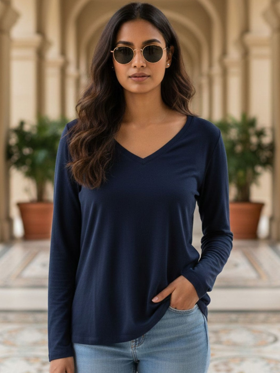 JUNEBERRY Fullsleeve Pure Cotton V-Neck Long Sleeves T-shirt