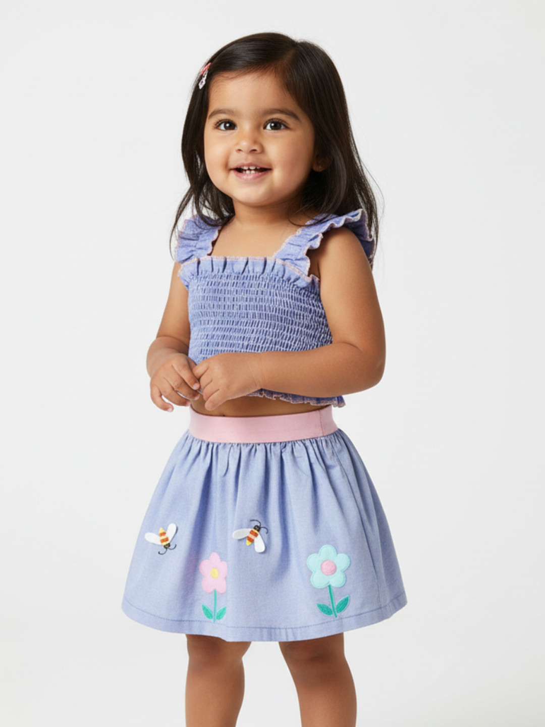 Nauti Nati Girls Blue Pure Cotton Smocked Blouson Crop Top With Skirt Clothing Set