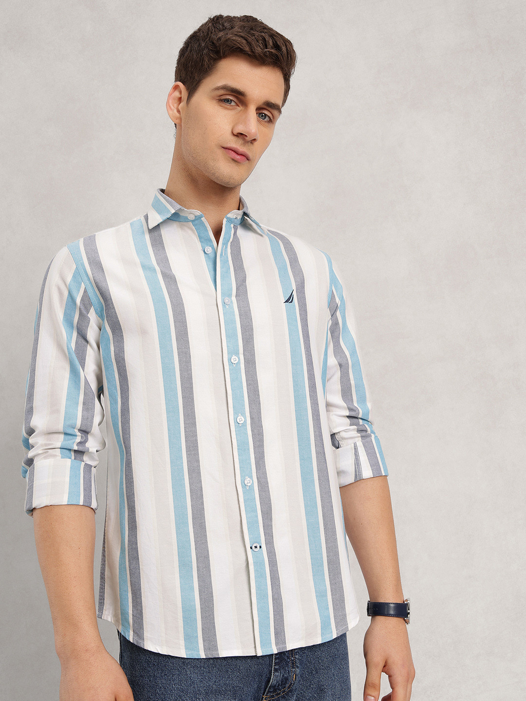 Nautica Slim Fit Striped Pure Cotton Casual Shirt