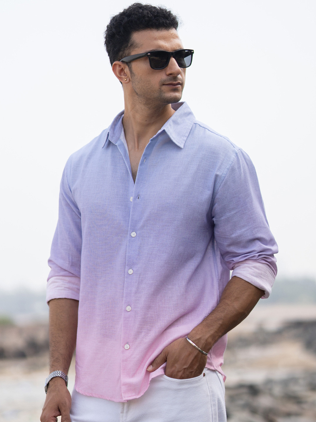 Powerlook Lilac Ombre Printed Cotton Long Sleeves Shirt