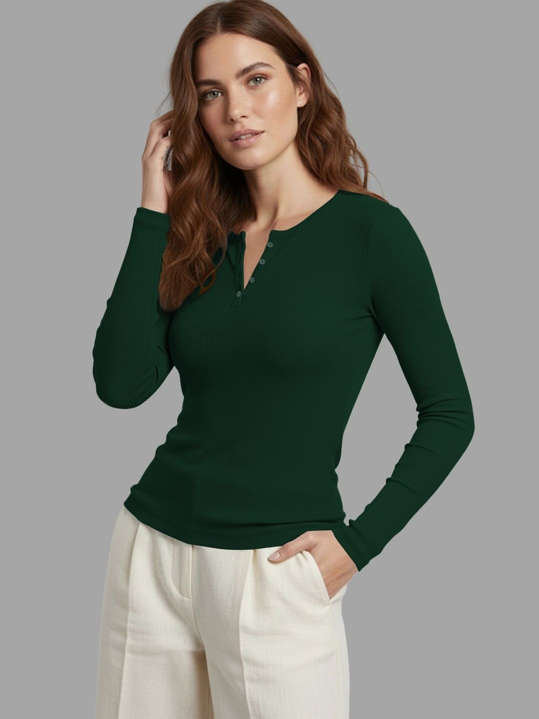 Green Ribbed Henley Neck Long Sleeve Top