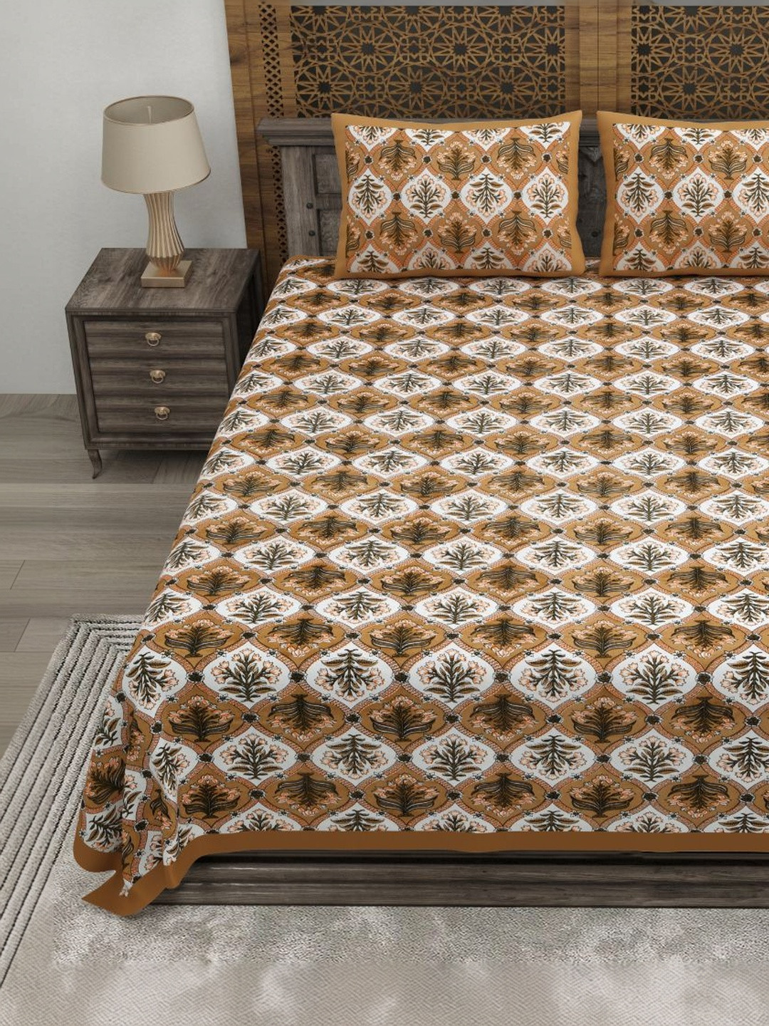 CLOTHOLOGY Amber Gold Mughal Trellis Virasat Cotton Double Flat 180 TC Jaipuri Prints Bedsheet Set