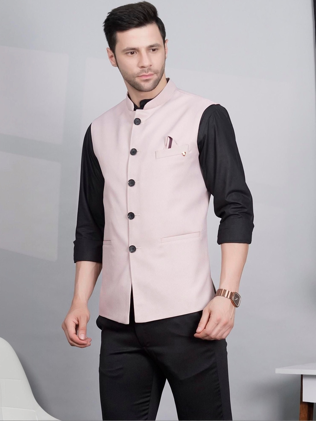 Abhimaan Mandarin Collar Neck Woven Nehru Jacket