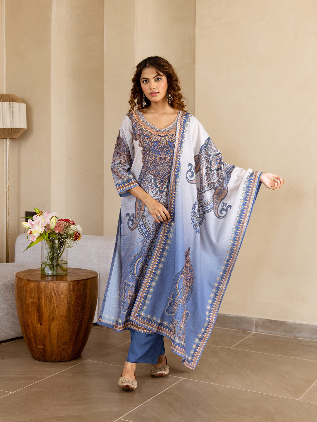 Nehamta Women Ethnic Motifs Printed Regular Kurta with Trousers & With Dupatta
