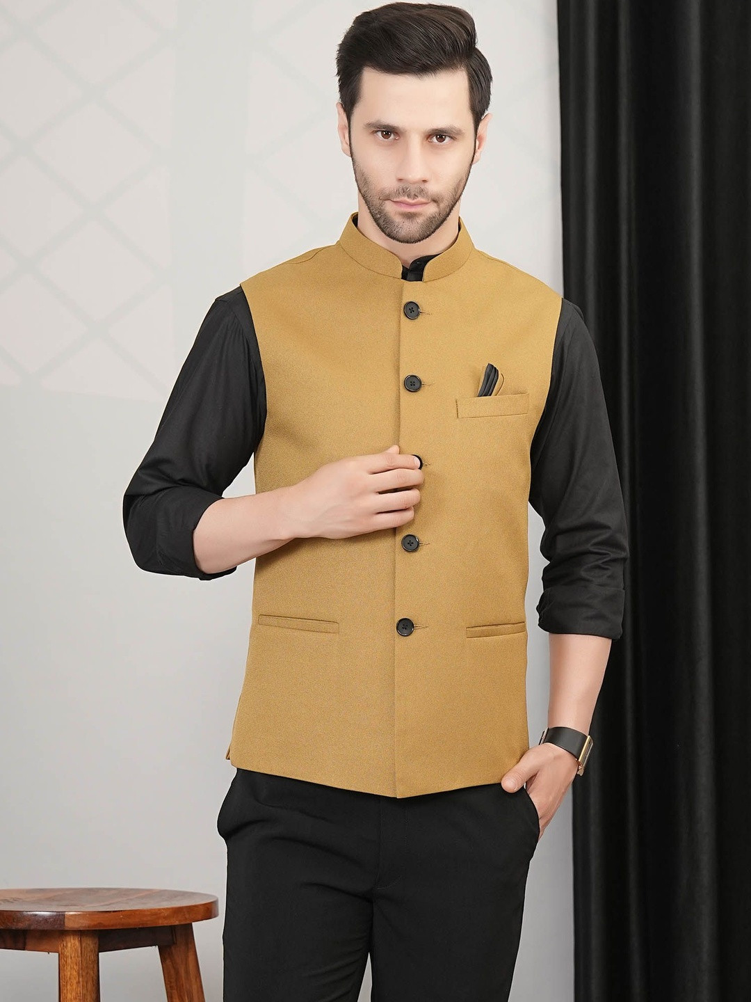 Abhimaan Mandarin Collar Neck Woven Nehru Jacket
