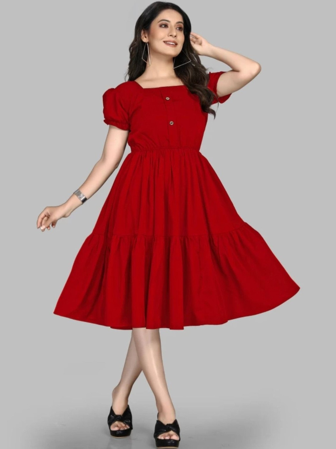 KRIVANSH STORE Puff Sleeve Crepe Fit & Flare Midi Dress
