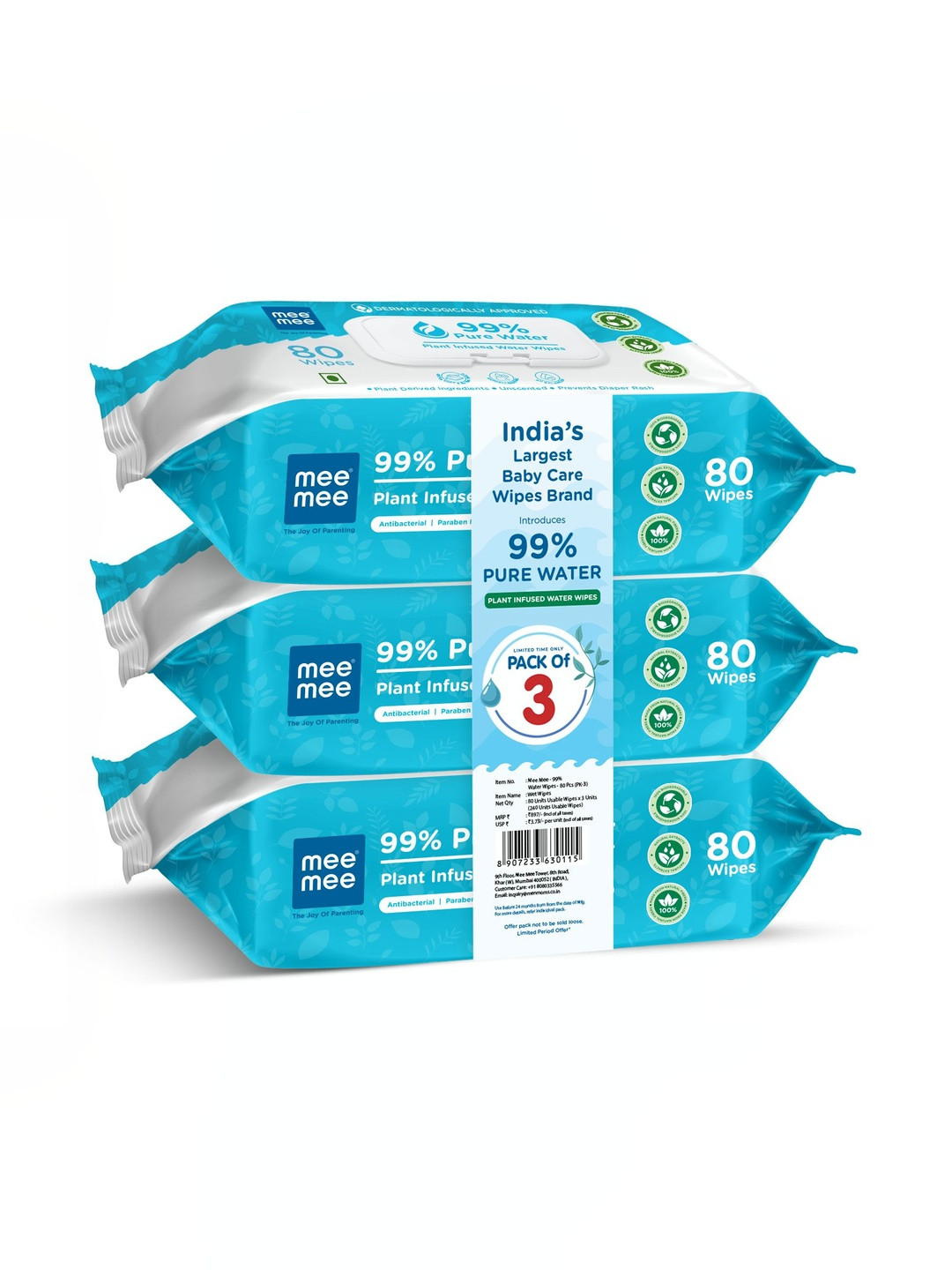 MeeMee Set Of 3 99% Pure Water Wipes- 80 Pcs Each