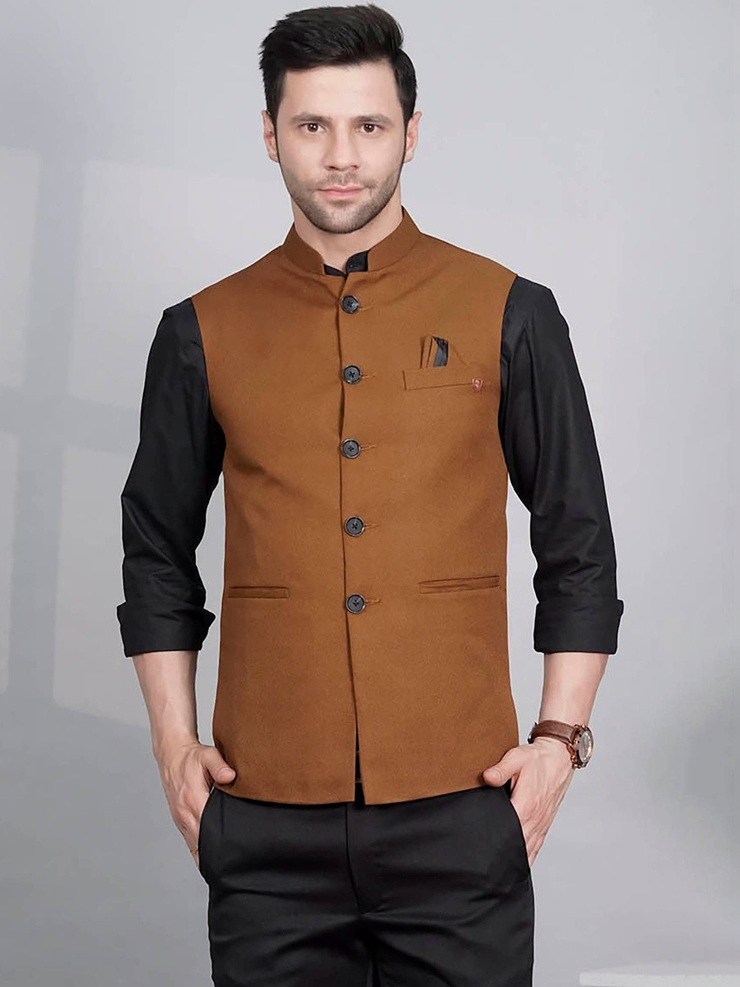 Abhimaan Mandarin Collar Neck Woven Nehru Jacket