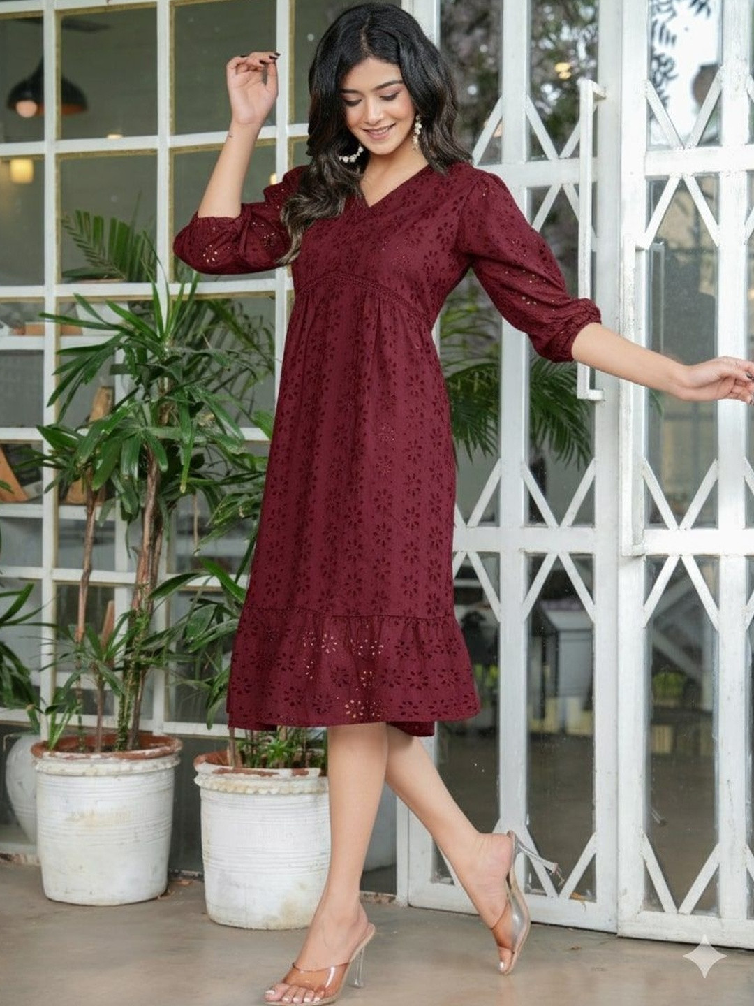 NNAVDHA Embroidered Fit & Flare Midi Dress
