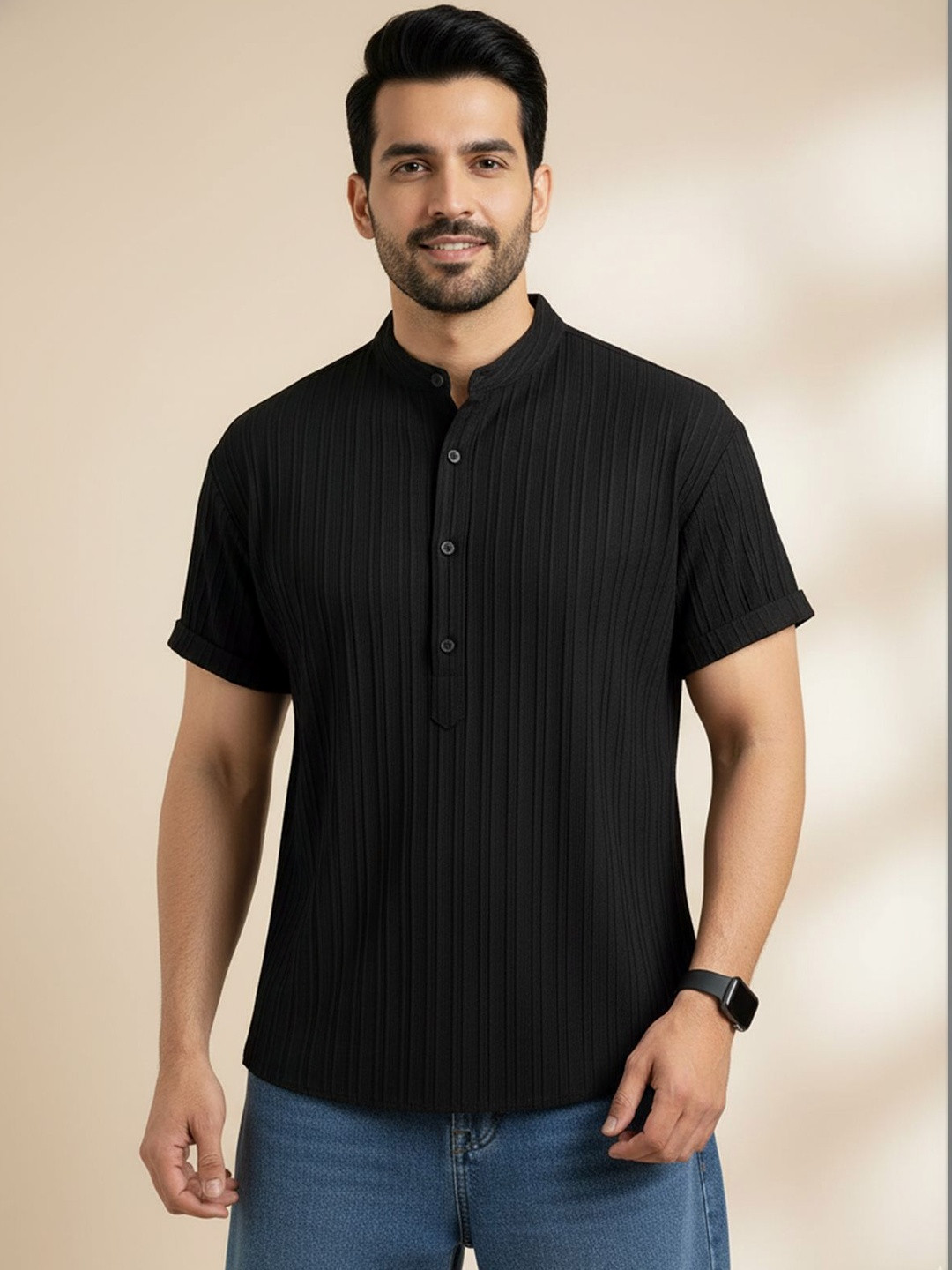 WEBRIC Men Striped Thread Work Kurta