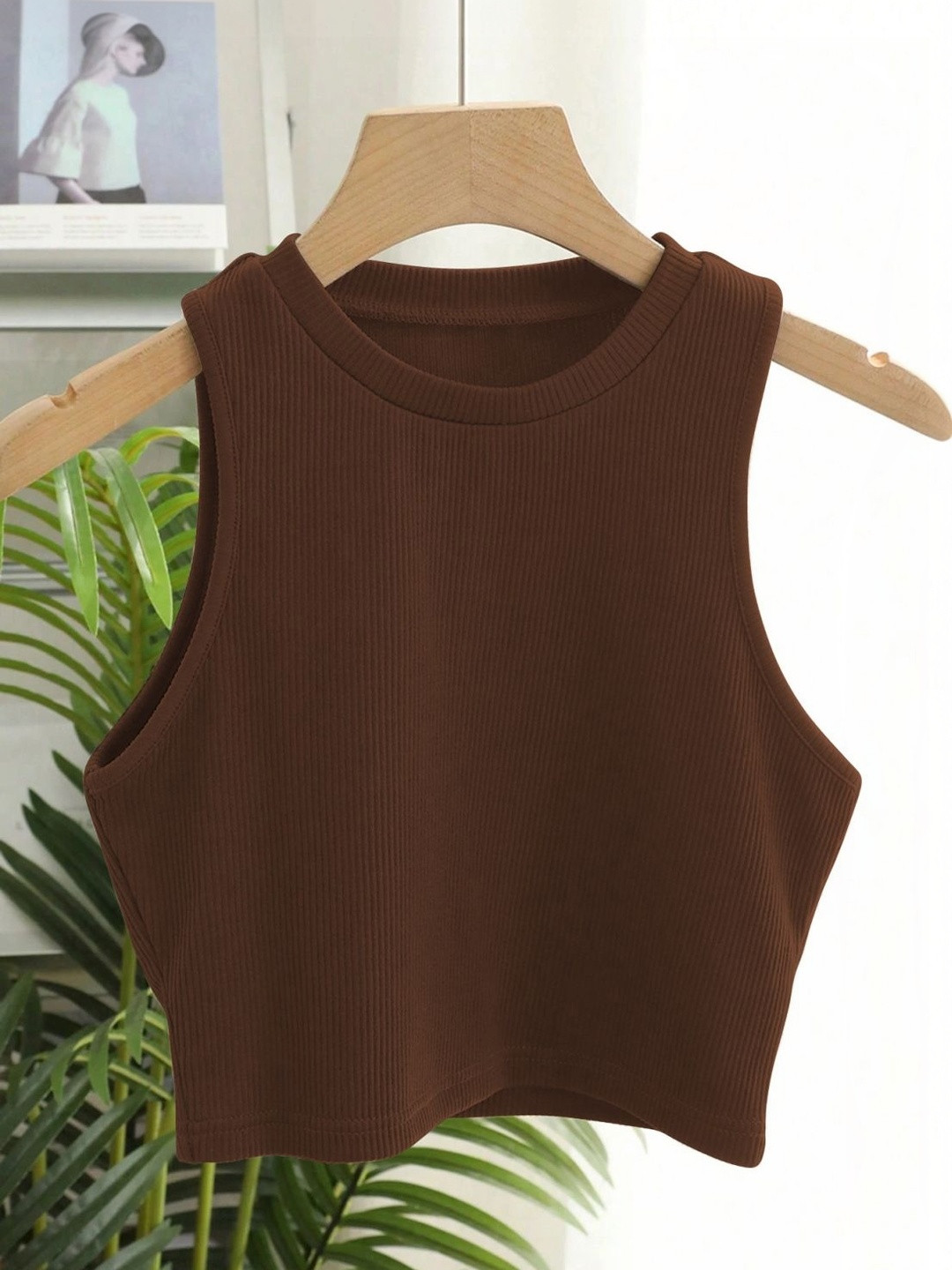 KERI PERRY Ribbed Solid Sleevless Lycra Crop Top