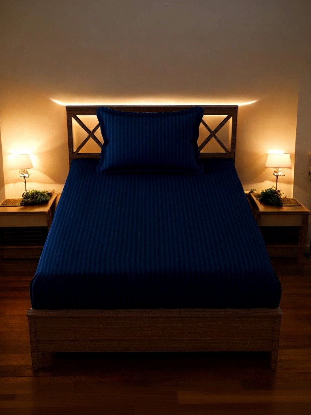 Homybees Navy Blue 220 TC Striped Fitted Single Bedsheet with 1 Pillow Cover