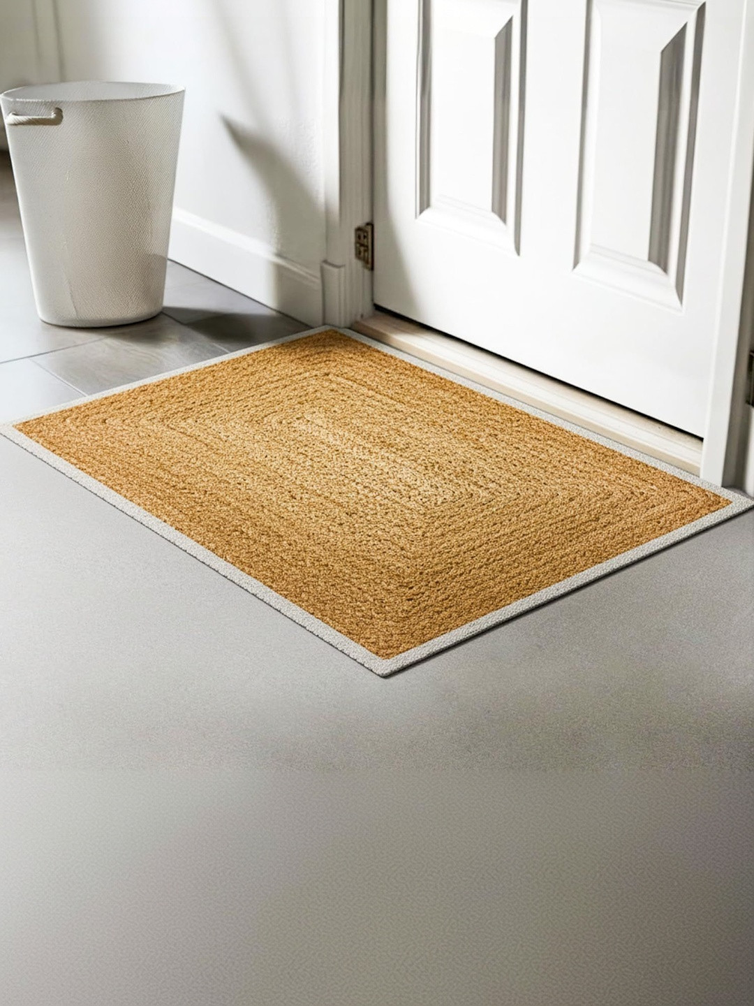 prettykrafts Beige & White Anti-Slip Eco-Friendly Jute Rectangle Doormat With Border