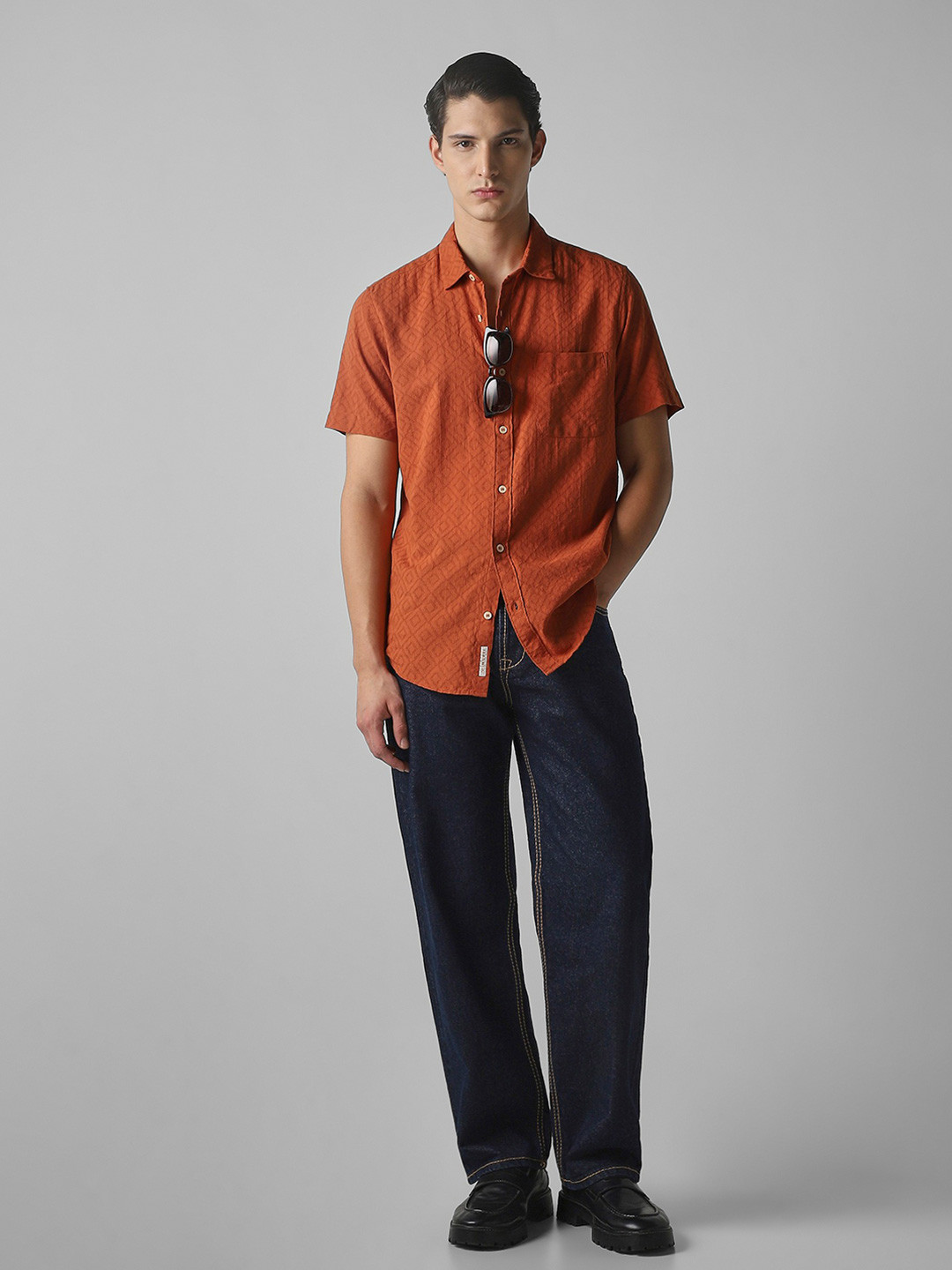 Mufti Men Textured Spread Collar Cotton Casual Shirt