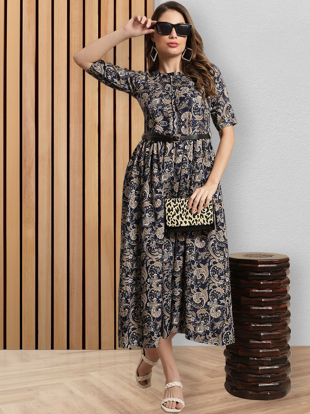 Fabflee Print A-Line Midi Dress