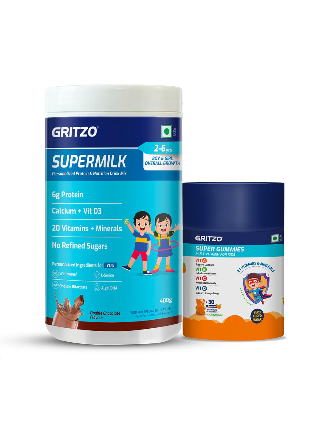 Gritzo Set Of 2 Supermilk - 400 g - Double Chocolate & Super Gummies - 30 Nos - Orange