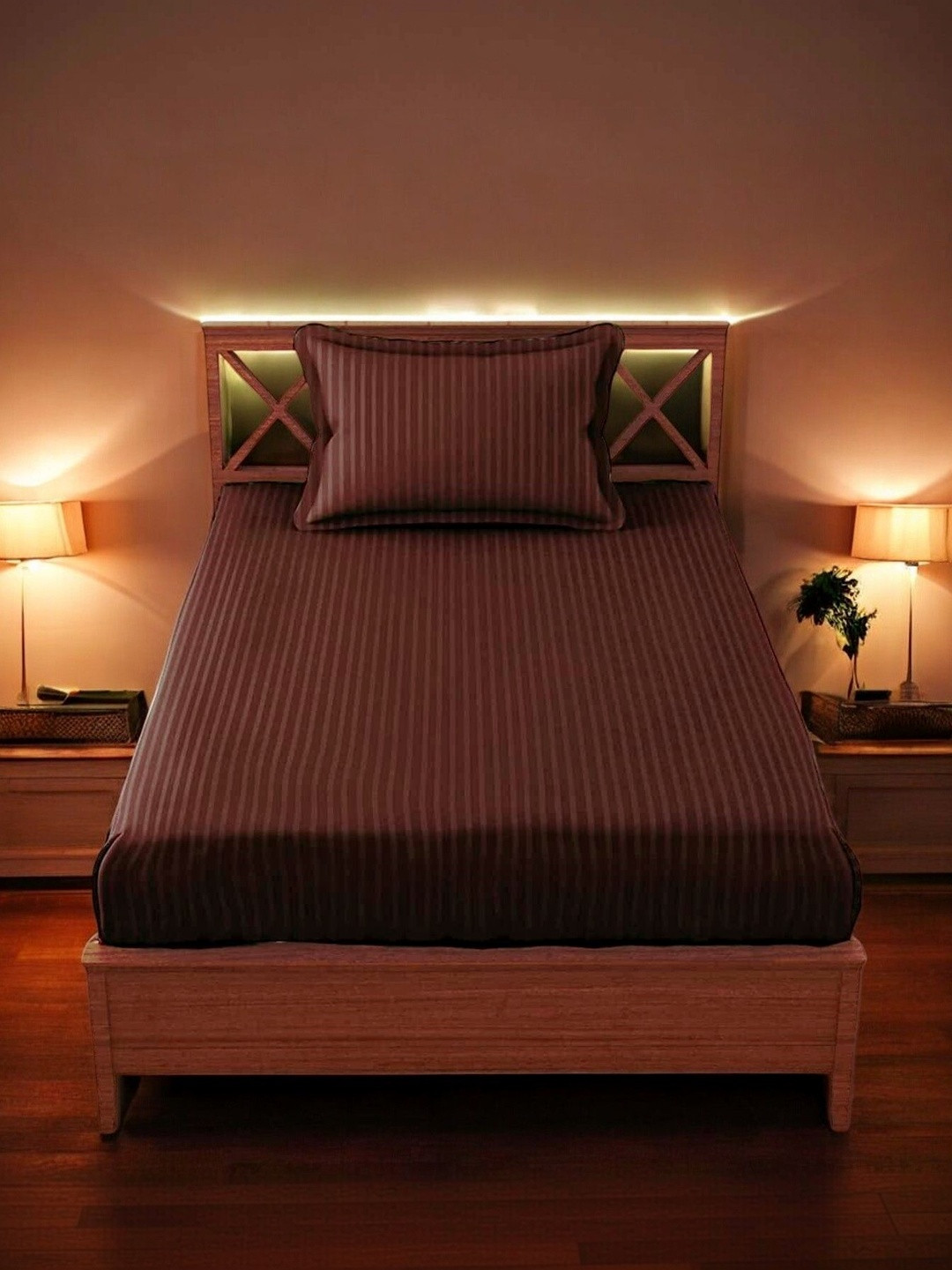 Homybees Brown Striped 220 TC Single Bedsheet with 1 Pillow Covers