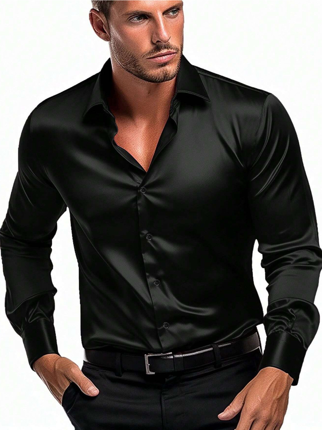 Zombom Men Solid Spread Collar Satin Casual Shirt