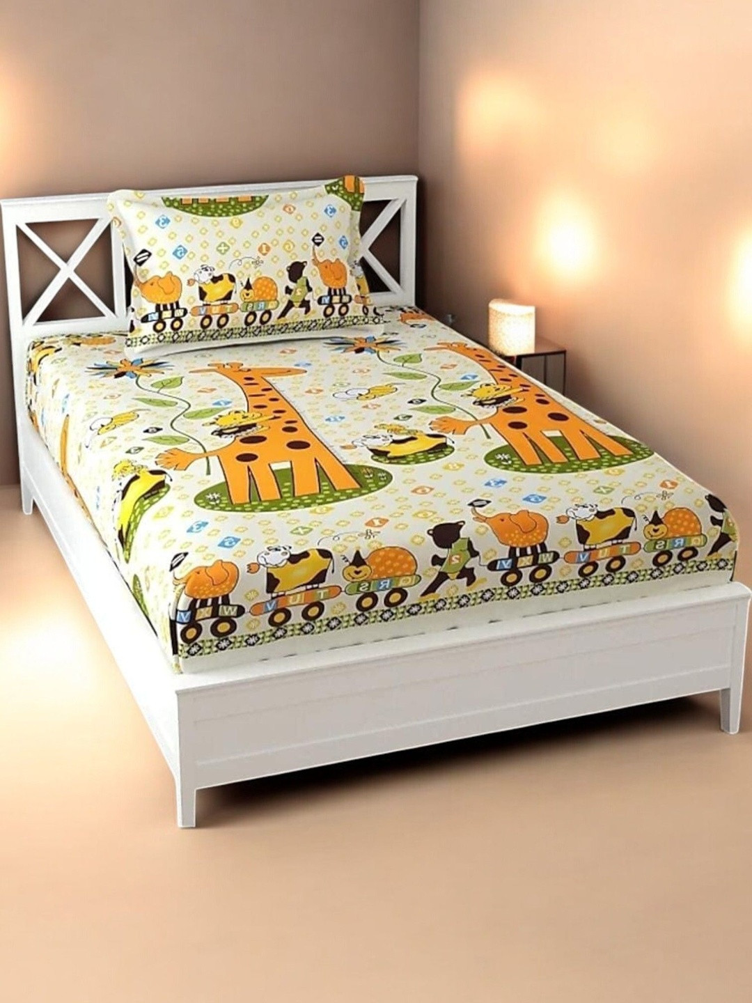Homybees Cream-Coloured Cartoon Characters 220 TC Single Bedsheet with 1 Pillow Covers