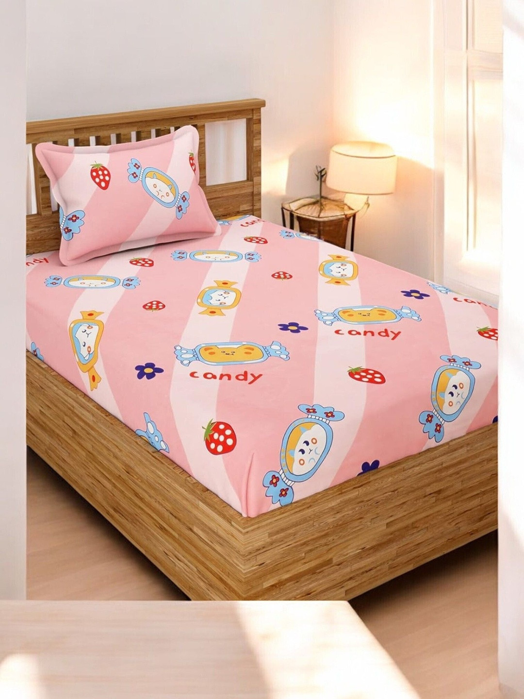 Homybees Pink Conversational 220 TC Single Bedsheet with 1 Pillow Covers