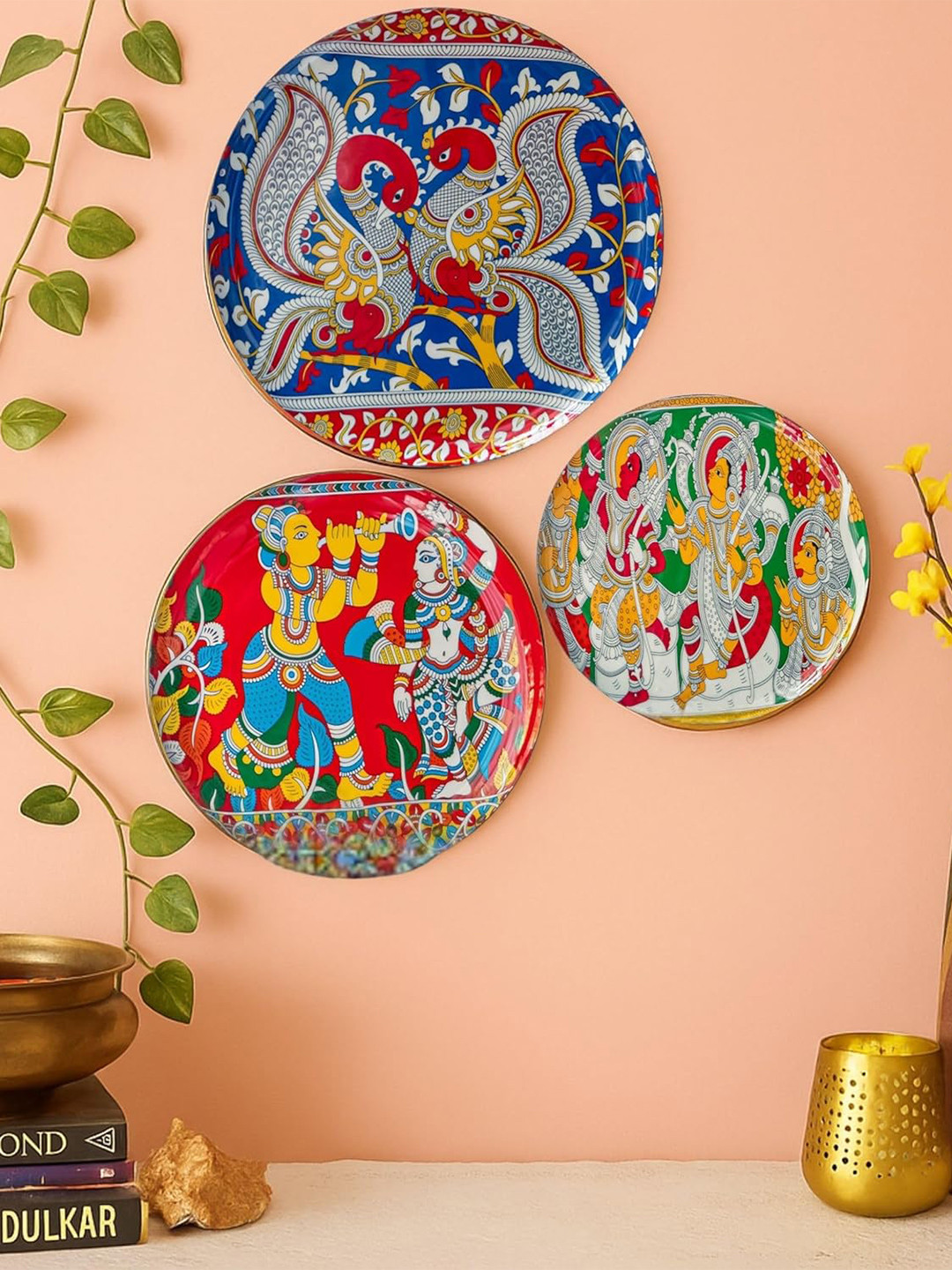 Ritualistic Metal Ethnic Motifs Glossy Hanging Hall 3Pcs Wall Plates-10In