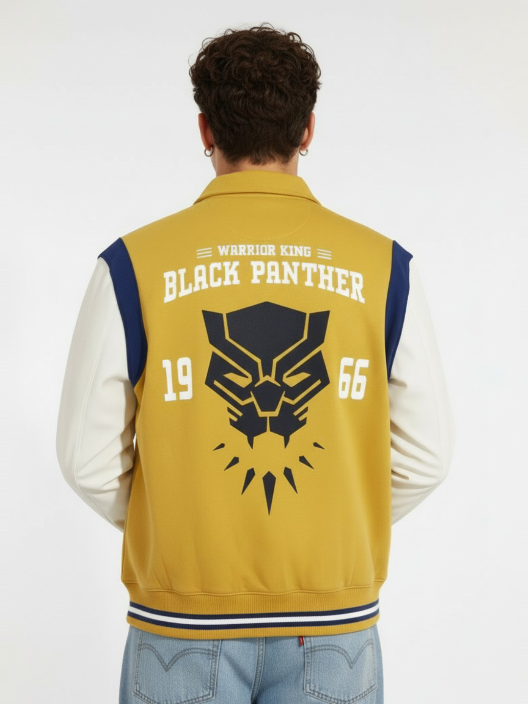 glitchez Typography Print Spread Collar Fleece Relaxed Fit Varsity Jacket