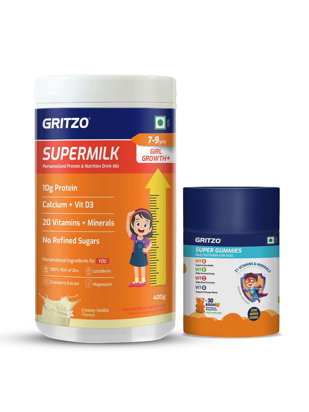Gritzo SuperMilk Growth+ 7-9 Girls 400g Vanilla with Gummies Pack of 2