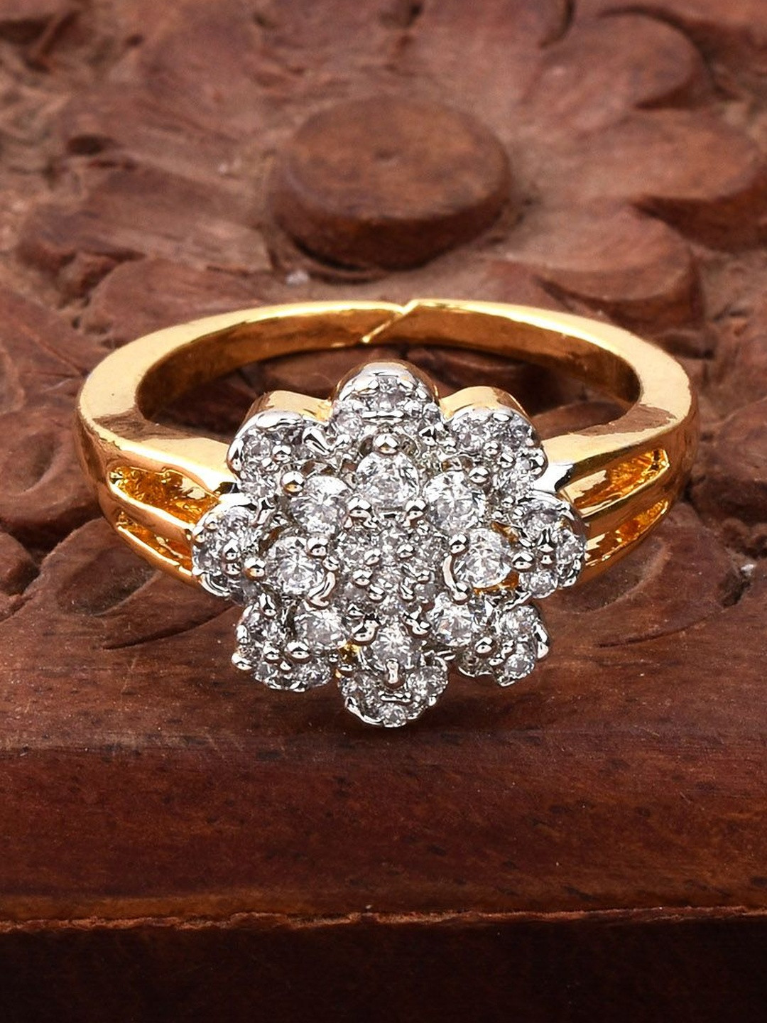 SZN Gold-Plated Brass Cubic Zirconia Studded Finger Ring