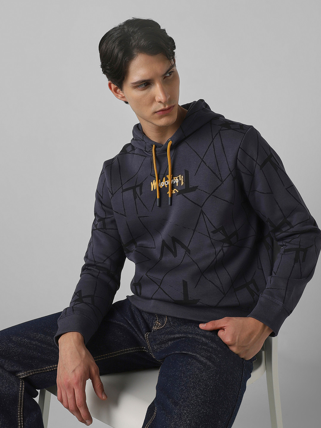 Mufti Typography Printed Hooded Cotton Pullover Sweatshirt