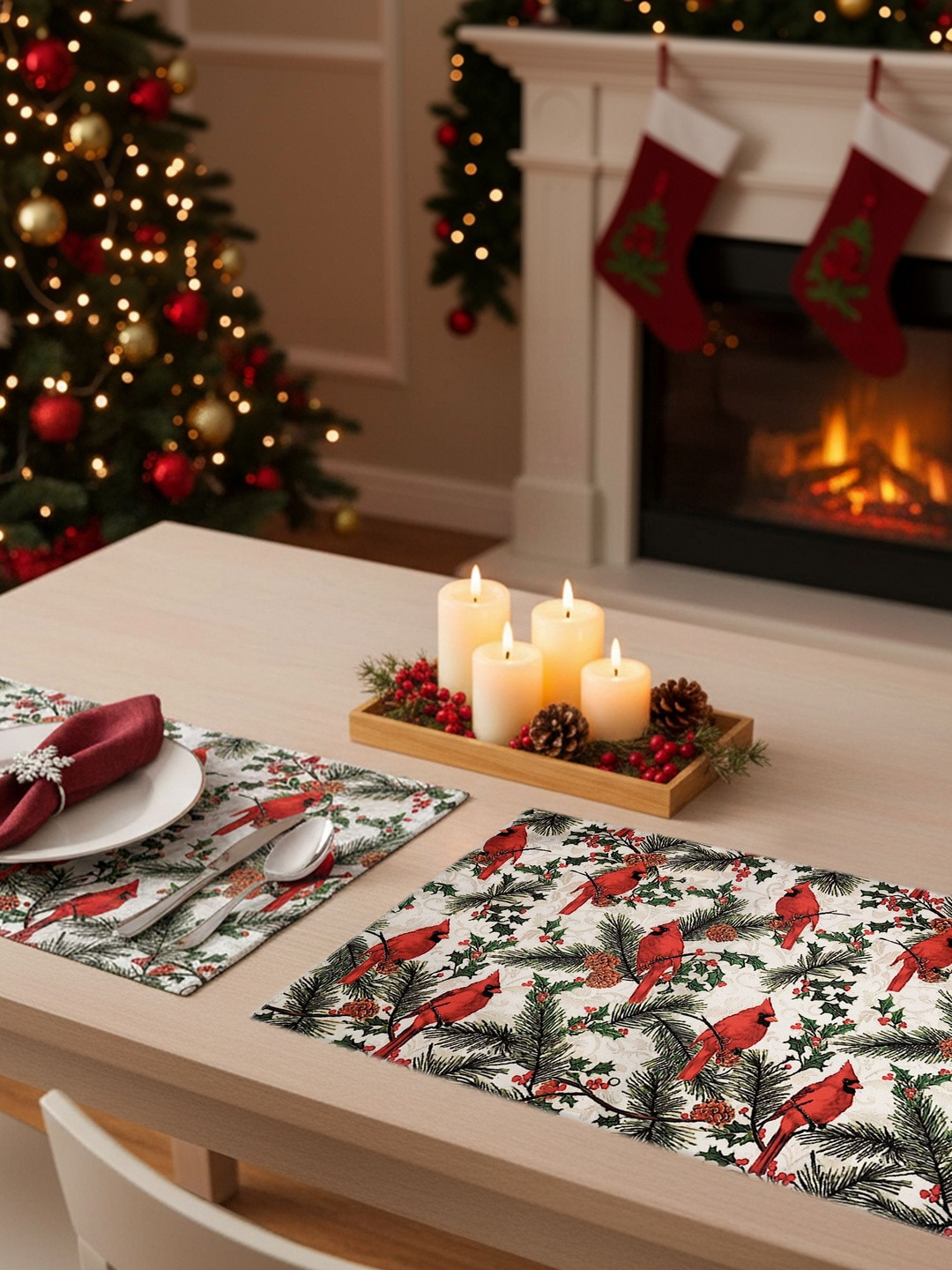PRAKARTIK 2Pcs Red & Green Printed Rectangle Table Placemats