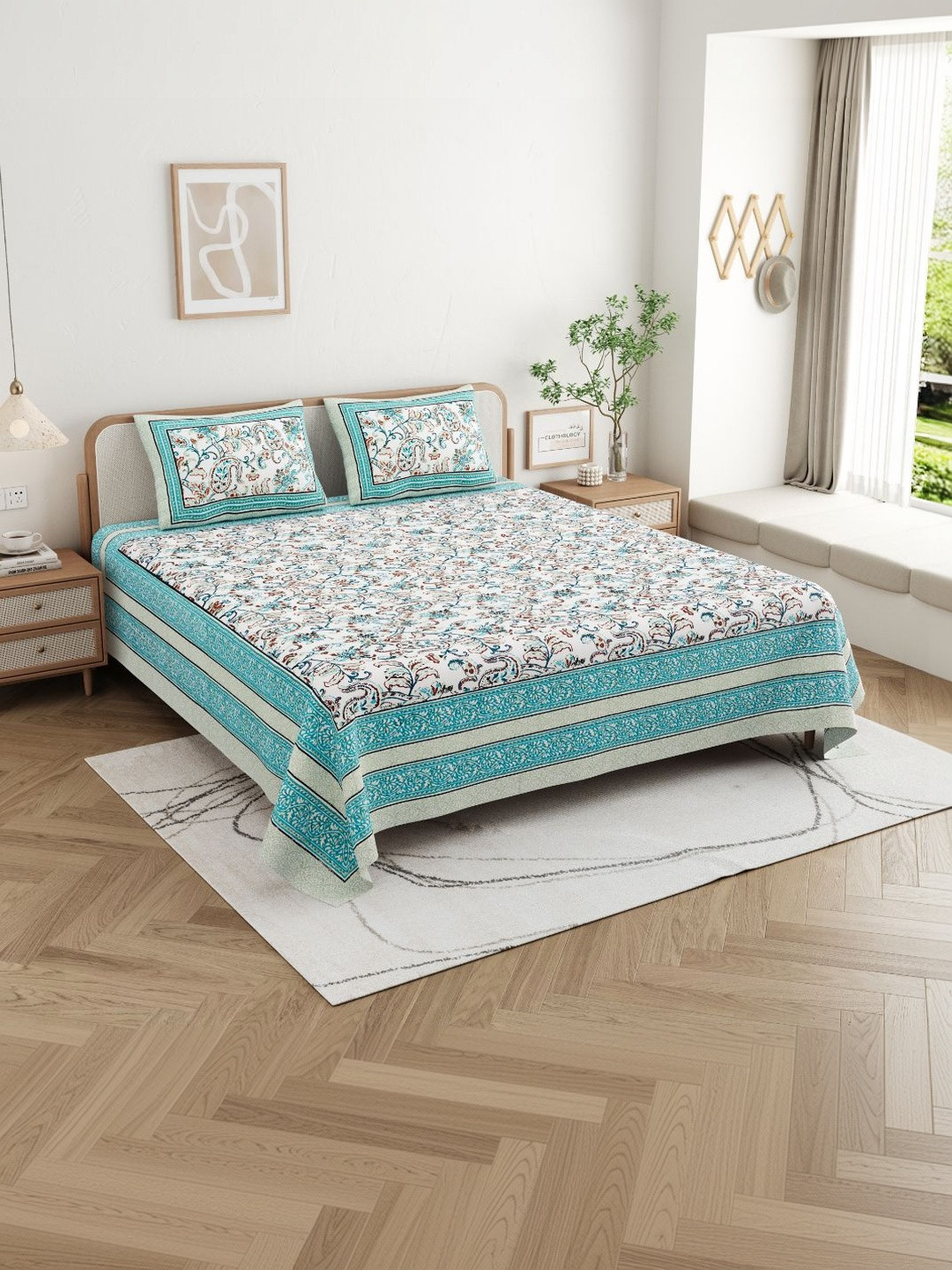 CLOTHOLOGY Turquoise Azure Vine Virasat Cotton Double Flat 180 TC Jaipuri Prints Bedsheet Set