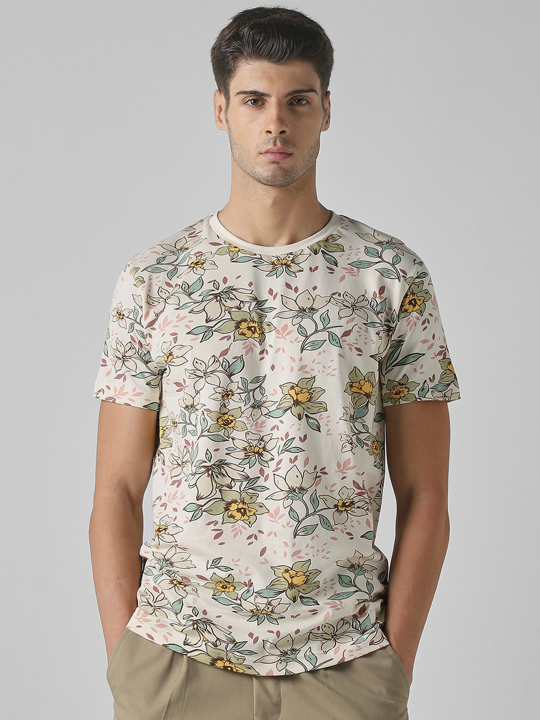 Mufti Floral Printed Pure Cotton Slim Fit T-shirt