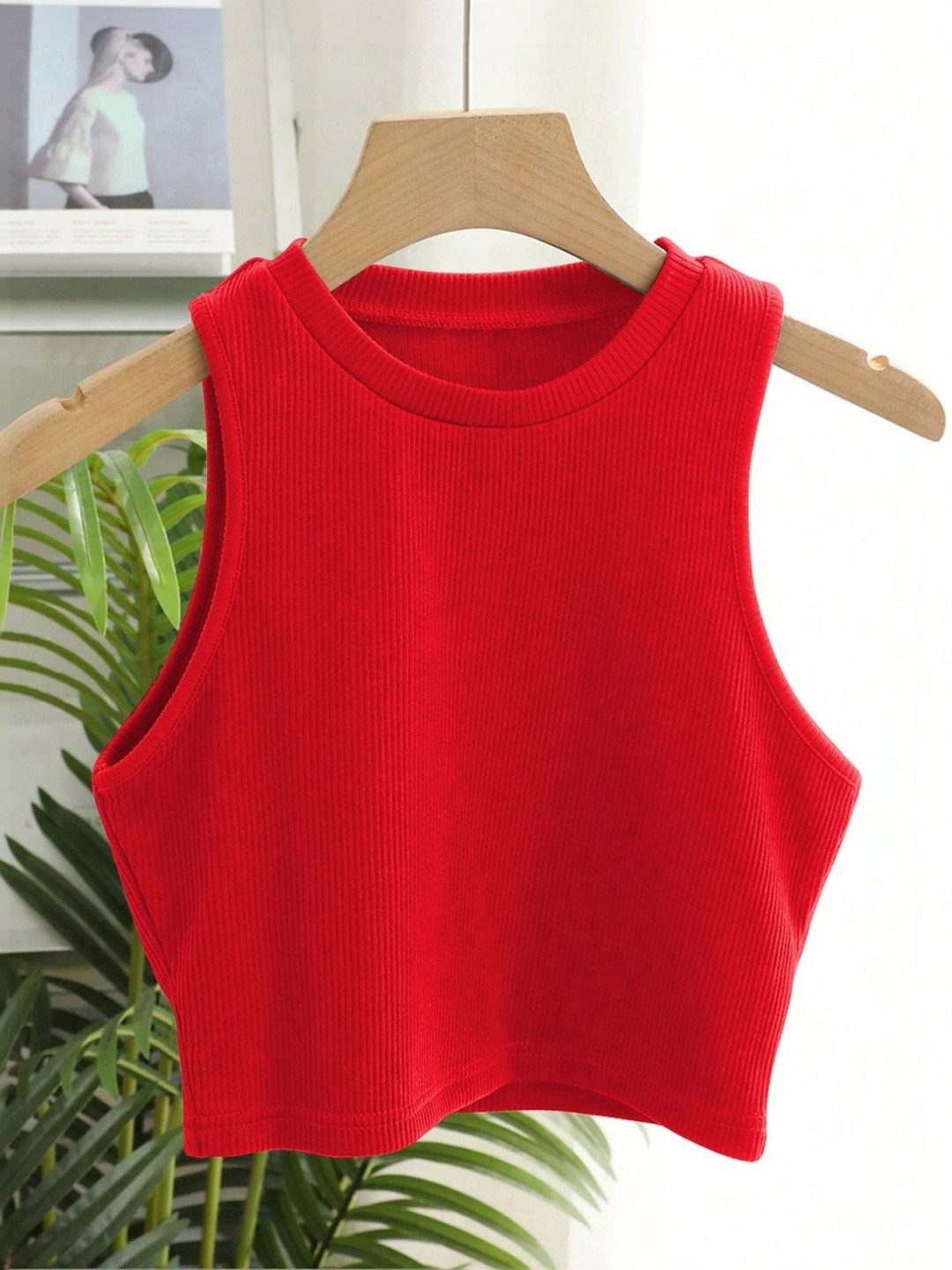 KERI PERRY Ribbed Round Neck Fitted Lycra Crop Top